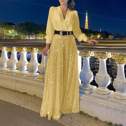 New women's clothing  new models, fashionable V-neck long-sleeved shirt temperament elegant waist and thin sequins wide legs