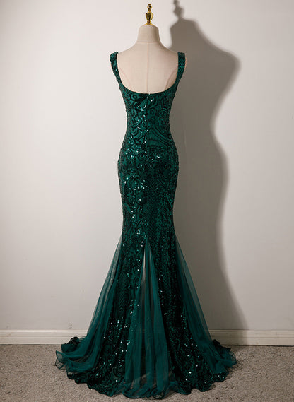 LOVECCRGreen Mermaid Long Straps Sequins Long Prom Dress, Green Mermaid Evening Dress