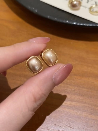 Temperament  champagne square pearl ear buckle niche light luxury high sense fashion versatile earrings popular earrings