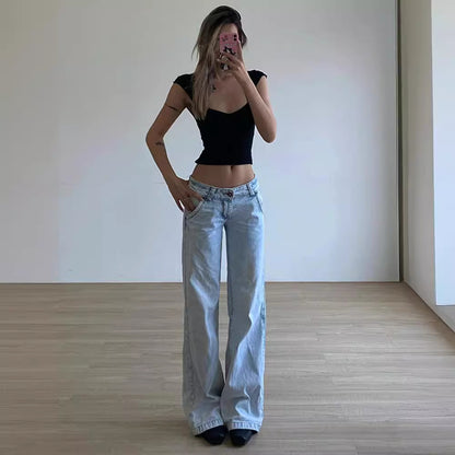 2024  American Retro High Street Jeans Washed Light Blue Design Sense Straight Mopping Pants Loose Trousers