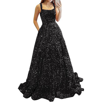 LOVECCR Foreign Trade  Prom Dresses Long A- line Formal Evening Gown with Pockets Side Slit Glitter Party Dress