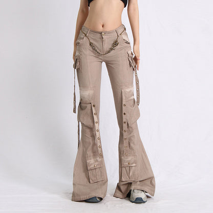 2025 spring new high-waisted horn trousers tooling style slim and thin versatile streamer decorative mopping casual pants
