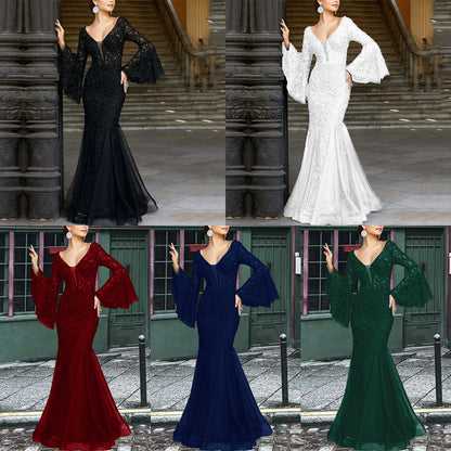 2025 New new  women's clothing  dress lace embroidered fishtail black slim-fitting evening dress