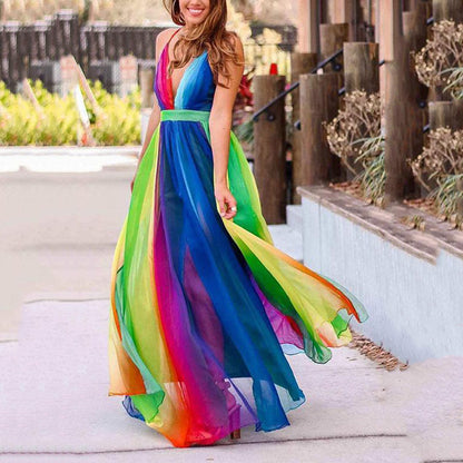 spring and summer new,  New Popular trade women's New new suspender sexy deep V rainbow chiffon suspender dress