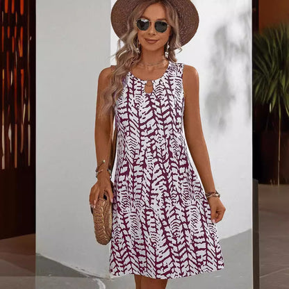 2025 Popular, ,  New summer new elegant U-neck burning printing sleeveless strap short dress