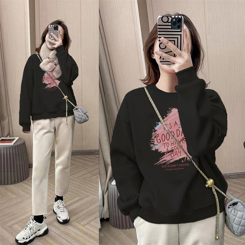 spring and autumn Korean version of fashion small round neck pullover fleece sweater long sleeve loose tide ins style top
