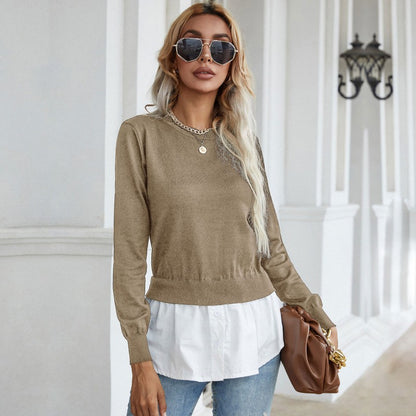 LOVECCR New popular autumn new product fashion shirt splicing top pullover fake two-piece knitted sweater women's clothing