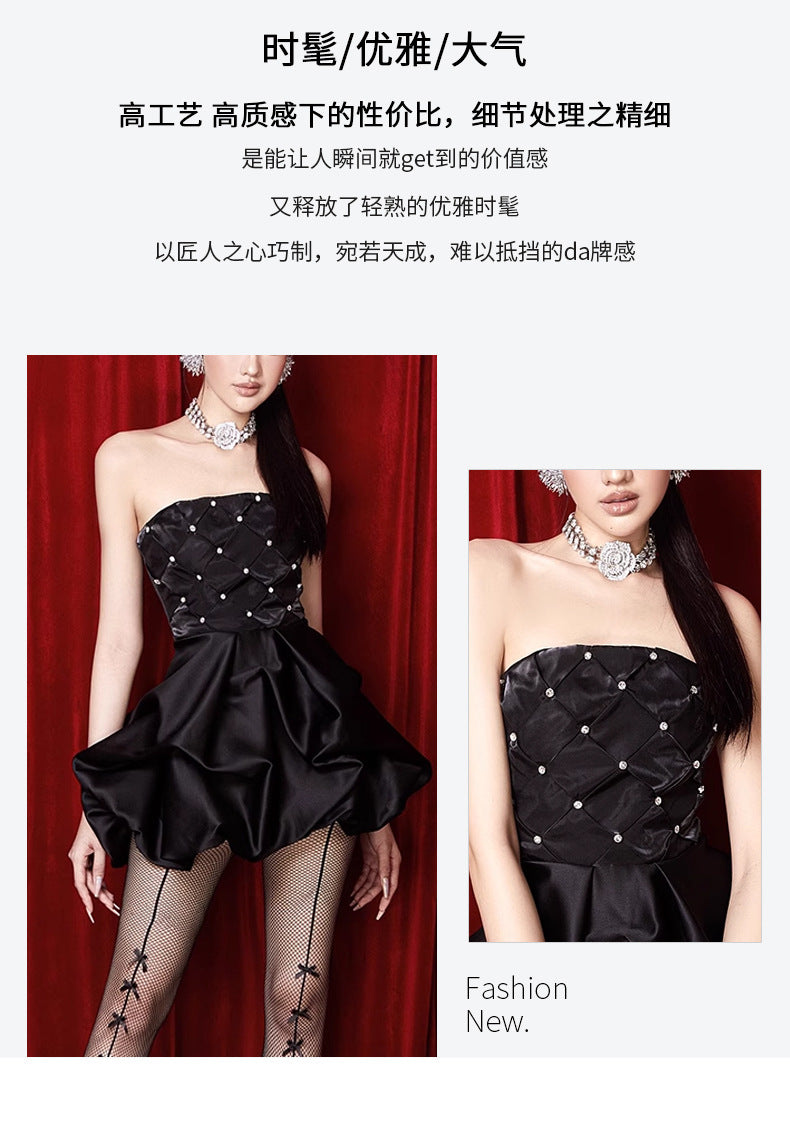 LOVECCR  Dress Dinner Dress Women's Summer Niche Design Socialite Thousand Gold Beaded Waist-Tight Figure Flattering Puffy Dress