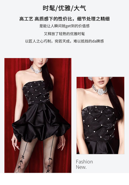 LOVECCR  Dress Dinner Dress Women's Summer Niche Design Socialite Thousand Gold Beaded Waist-Tight Figure Flattering Puffy Dress