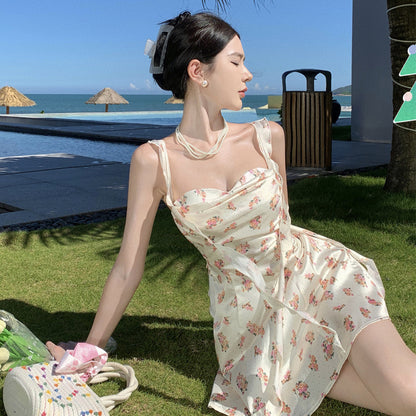 2025 Seaside beach vacation wind super fairy short skirt children sexy swinging collar streamer backless suspender floral very fairy dress
