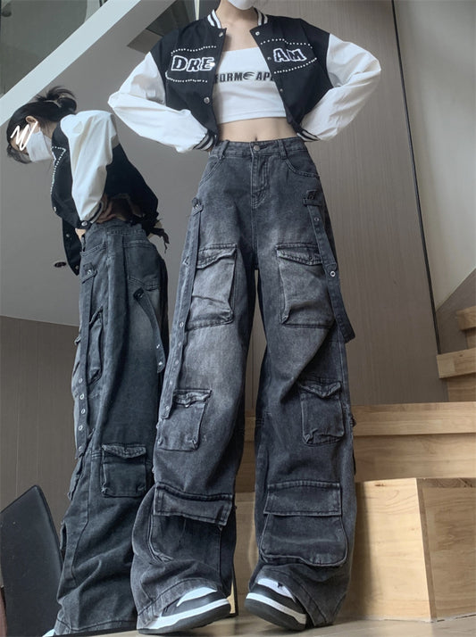 Multi-Pocket Design High Street American Workwear Jeans Women's Wide Leg Loose Trendy Brand Niche Washed Distressed Pants