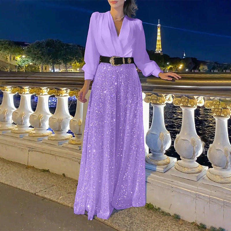 New women's clothing  new models, fashionable V-neck long-sleeved shirt temperament elegant waist and thin sequins wide legs