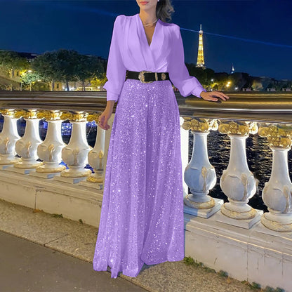 New women's clothing  new models, fashionable V-neck long-sleeved shirt temperament elegant waist and thin sequins wide legs