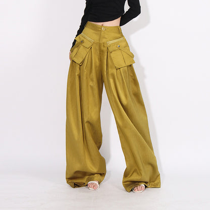 2025 spring new fashion loose wide-leg pants pleated splicing zipper pocket design straight casual trousers