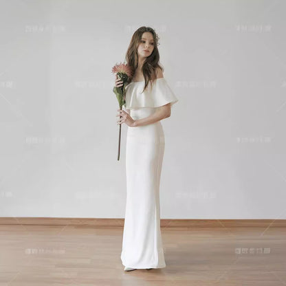 LOVECCR  Simple White off-Shoulder Wedding Dress Toast Floor Banquet Birthday Lawn Wedding Trip Shoot Fairy