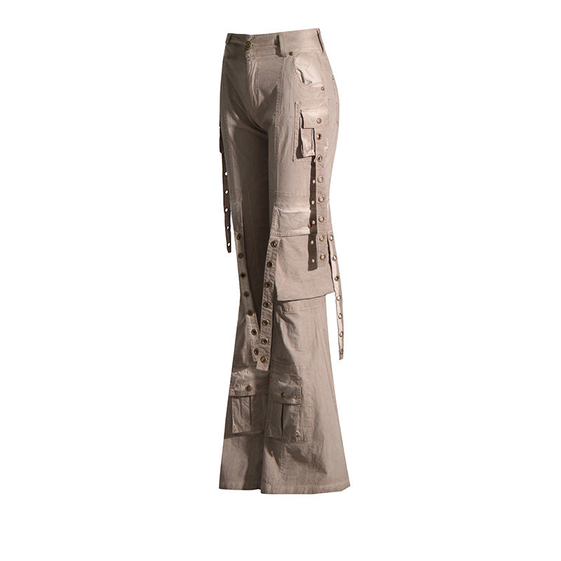 2025 spring new high-waisted horn trousers tooling style slim and thin versatile streamer decorative mopping casual pants