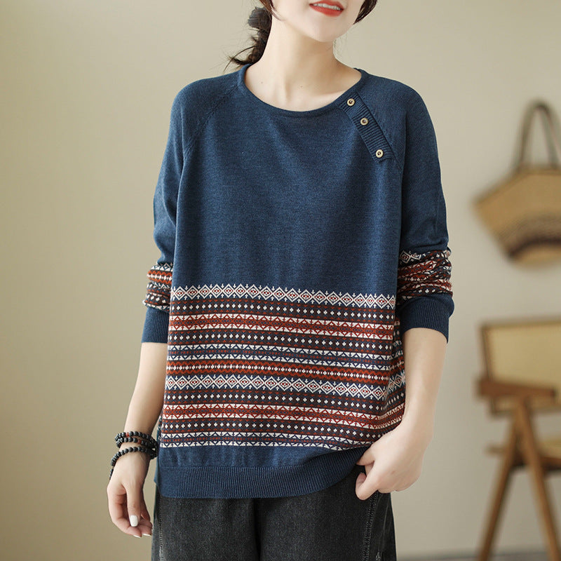 Temperament Striped Jacquard Knitted Sweater Women's Loose Long Sleeve Autumn and Winter New Retro Crew Neck Casual Versatile Bottom Sweater