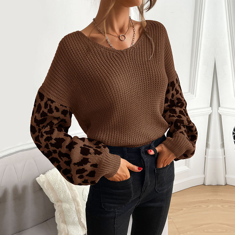 LOVECCR Popular trade autumn and winter popular new V-neck knitted pullover top loose and lazy leopard print splicing sweater women