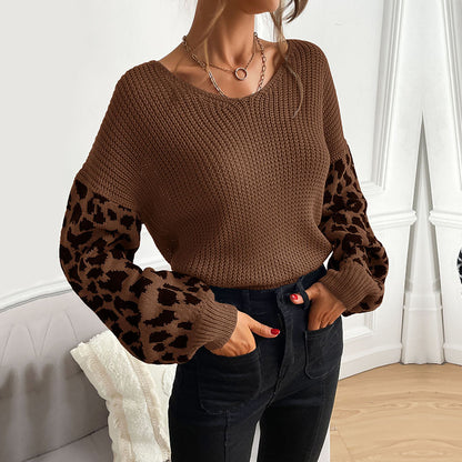 LOVECCR Popular trade autumn and winter popular new V-neck knitted pullover top loose and lazy leopard print splicing sweater women