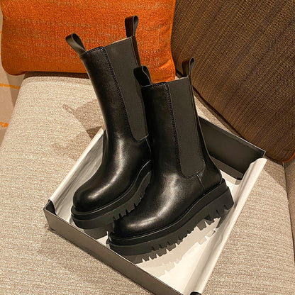 2025 Cowhide version~ New autumn and winter platform Chelsea short boots women's inner height increase Martin boots velvet chimney medium boots