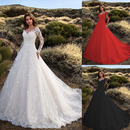 2025 New  Women's Clothing  Dress Long Sleeve Solid Color Perspective Lace Bridal Wedding Dress