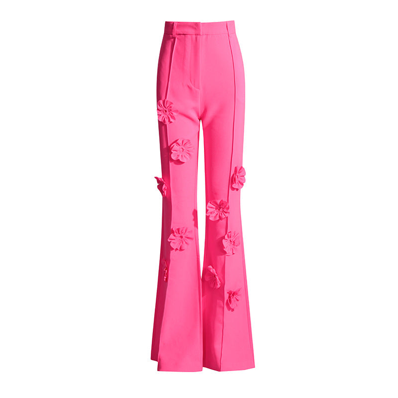 2025 style suit casual pants children's spring  new three-dimensional flower drape loose flared pants thin women