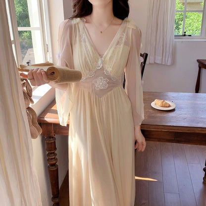 2025 Pure desire wind nightdress women's summer new short-sleeved skirt fairies can wear sexy high-end morning robe mesh court style