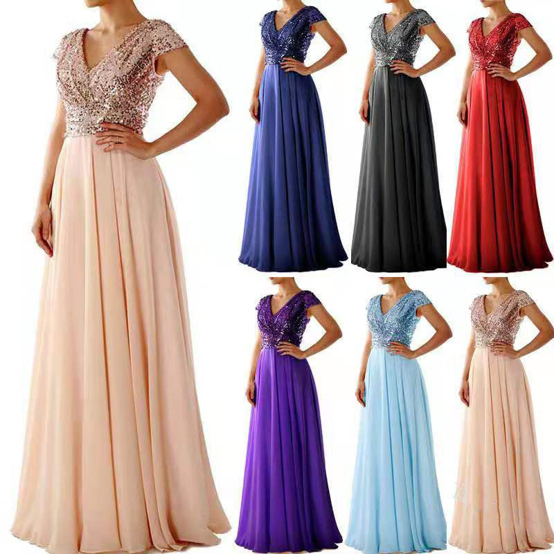 New new spring and summer  women's sleeveless dress V-neck sequined temperament chiffon splicing evening dress