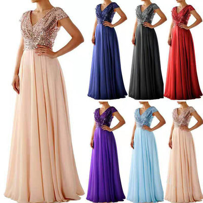 New new spring and summer  women's sleeveless dress V-neck sequined temperament chiffon splicing evening dress