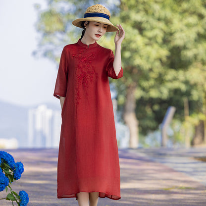 New Chinese Style Cotton and Linen Women's Clothing Ramie Dress  Spring and Summer New Stand Collar National Style Retro Improved Cheongsam Wholesale