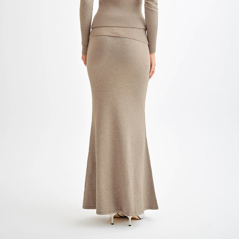 new temperament commuter high-end knitted skirt solid color long fashion waist skirt women