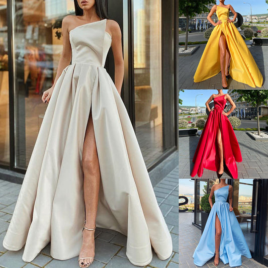S8927  Cross-border Amoi  women's clothing one-shoulder tube top dress long dress sexy split-ended pendulum dress