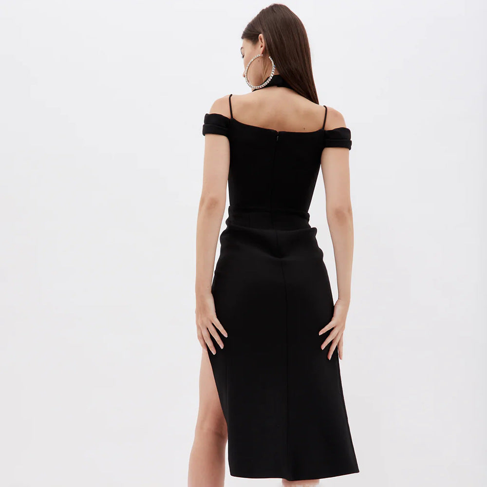 LOVECCR Summer 's new black hollow neck split high-end 2025 women's clothing bandage medium and long dress