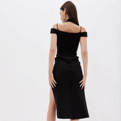 LOVECCR Summer 's new black hollow neck split high-end 2025 women's clothing bandage medium and long dress