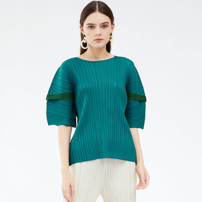 summer large size women's clothing new contrasting colors casual style pleated design sense simple loose splicing top women's summer