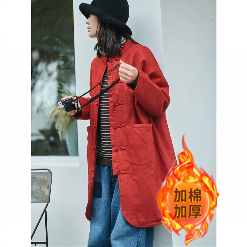 Thickened popular autumn and winter new loose large size retro literary placket Chinese medium and long cotton-padded clothes warm tea clothes jacket