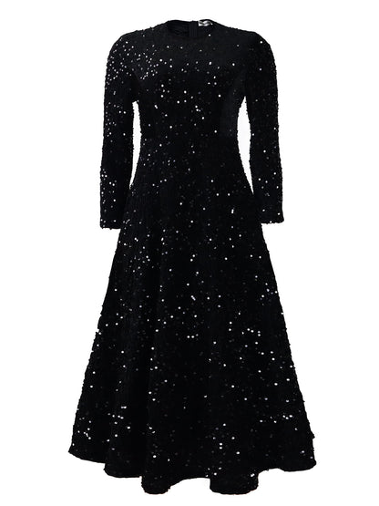LOVERCCR  D469 Cross-Border New Arrival Women's round Neck Long Sleeve Pure Color Sequins High Waist Temperament Mid-Length Formal Dress European and American Style Dress