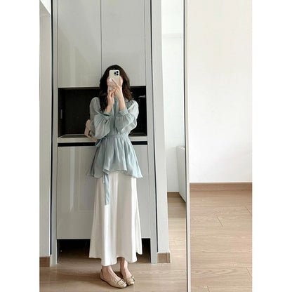 Korean temperament versatile strap waist thin lantern sleeves Tencel top + satin drawstring skirt two-piece set