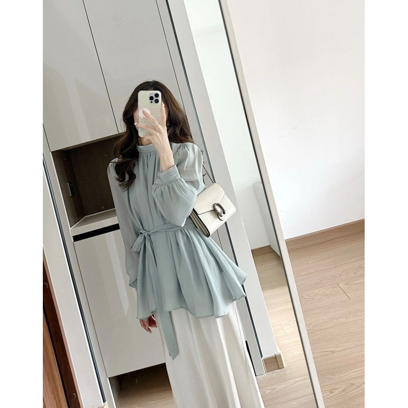 Korean temperament versatile strap waist thin lantern sleeves Tencel top + satin drawstring skirt two-piece set