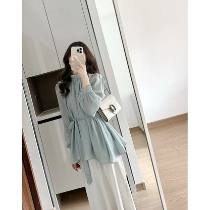 Korean temperament versatile strap waist thin lantern sleeves Tencel top + satin drawstring skirt two-piece set