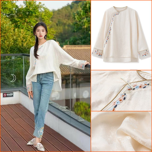 popular New Chinese-style retro diagonal placket buckle cuffs embroidered loose and thin silk top women's M5081