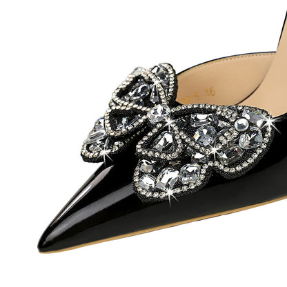 LOVECCR 2025 638-H23  banquets, ultra-high heels, banquet women's shoes, thin heels, patent leather, shallow mouth, pointed rhinestone bow, single shoes