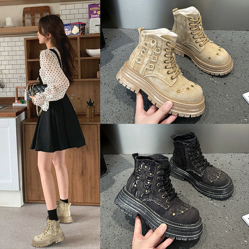 2025 Retro cowboy boots Ripped Martin boots Women's summer and autumn old thick-soled short boots British style single boots Small tooling boots
