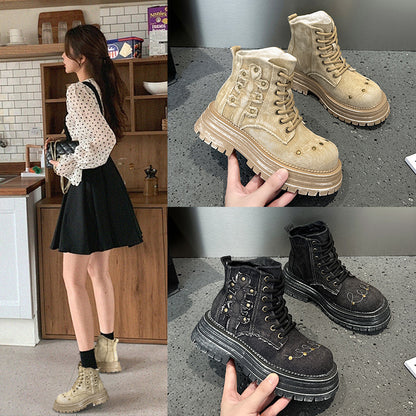 2025 Retro cowboy boots Ripped Martin boots Women's summer and autumn old thick-soled short boots British style single boots Small tooling boots