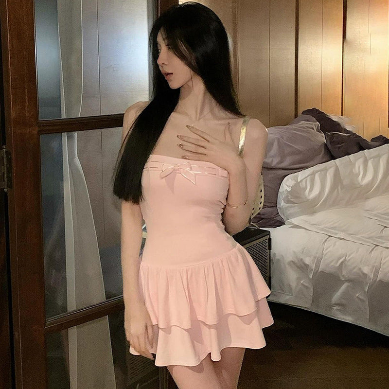 LOVECCR 2025 AC201ins  style summer new sexy pure color contrast lace-up slim tube top dress female hot