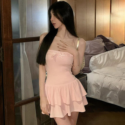LOVECCR 2025 AC201ins  style summer new sexy pure color contrast lace-up slim tube top dress female hot