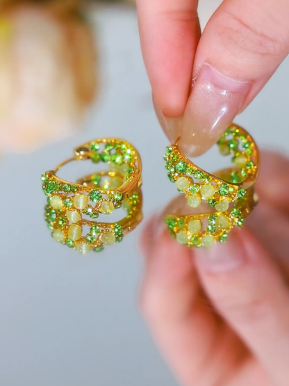 Temperament Fashion Green Full Diamond Opal Circle Earrings Niche Design Versatile Earrings Ear Buckles Temperament Earrings