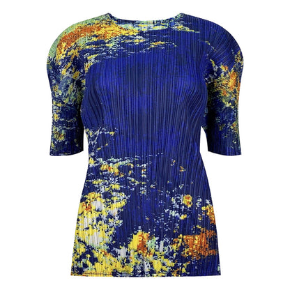 Casual style summer new niche starry sky printed top crew neck versatile t-shirt women's summer pleated bottoming shirt