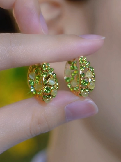 Temperament Fashion Green Full Diamond Opal Circle Earrings Niche Design Versatile Earrings Ear Buckles Temperament Earrings