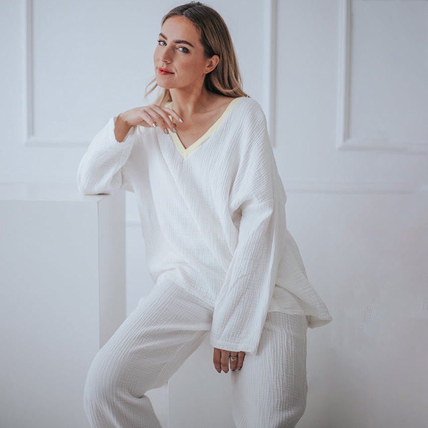 LOVECCR 2025 New winter pajamas contrasting color splicing casual long-sleeved trousers warm pure cotton soft women's loungewear